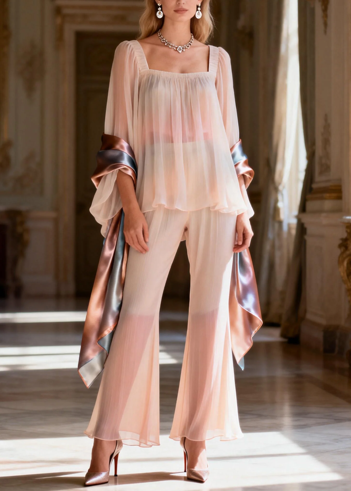 Women Square Collar Patchwork Silk Two Pieces Set Summer - Image 5