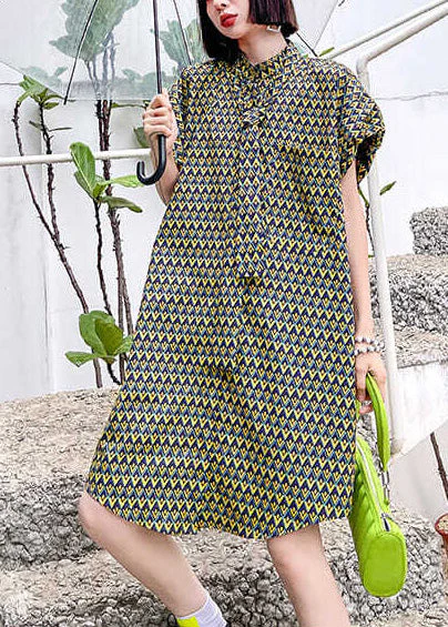Women Stand Collar Print Cotton Day Dress Puff Sleeve - Image 2