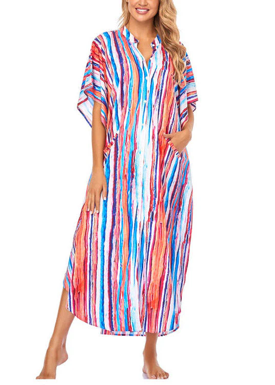 Women Striped Side Open Button Maxi Beach Dress Short Sleeve - Image 2