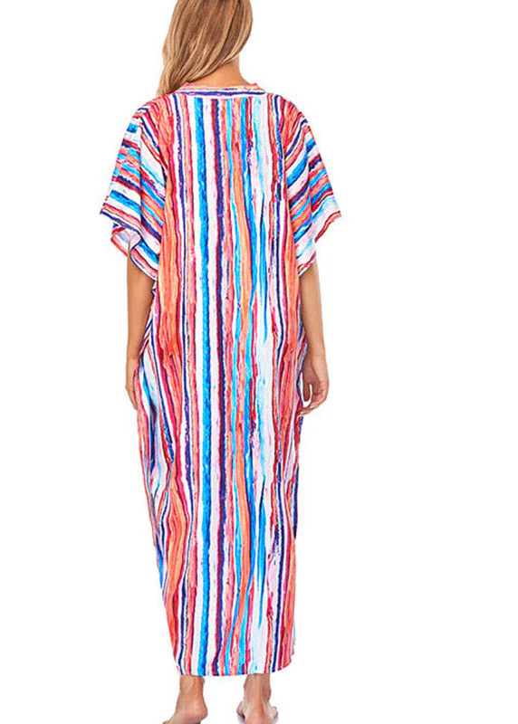Women Striped Side Open Button Maxi Beach Dress Short Sleeve - Image 5