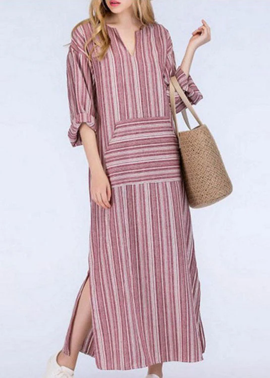 Women Striped V Neck Long Sleeve Casual Loose Maxi Dress - Image 2