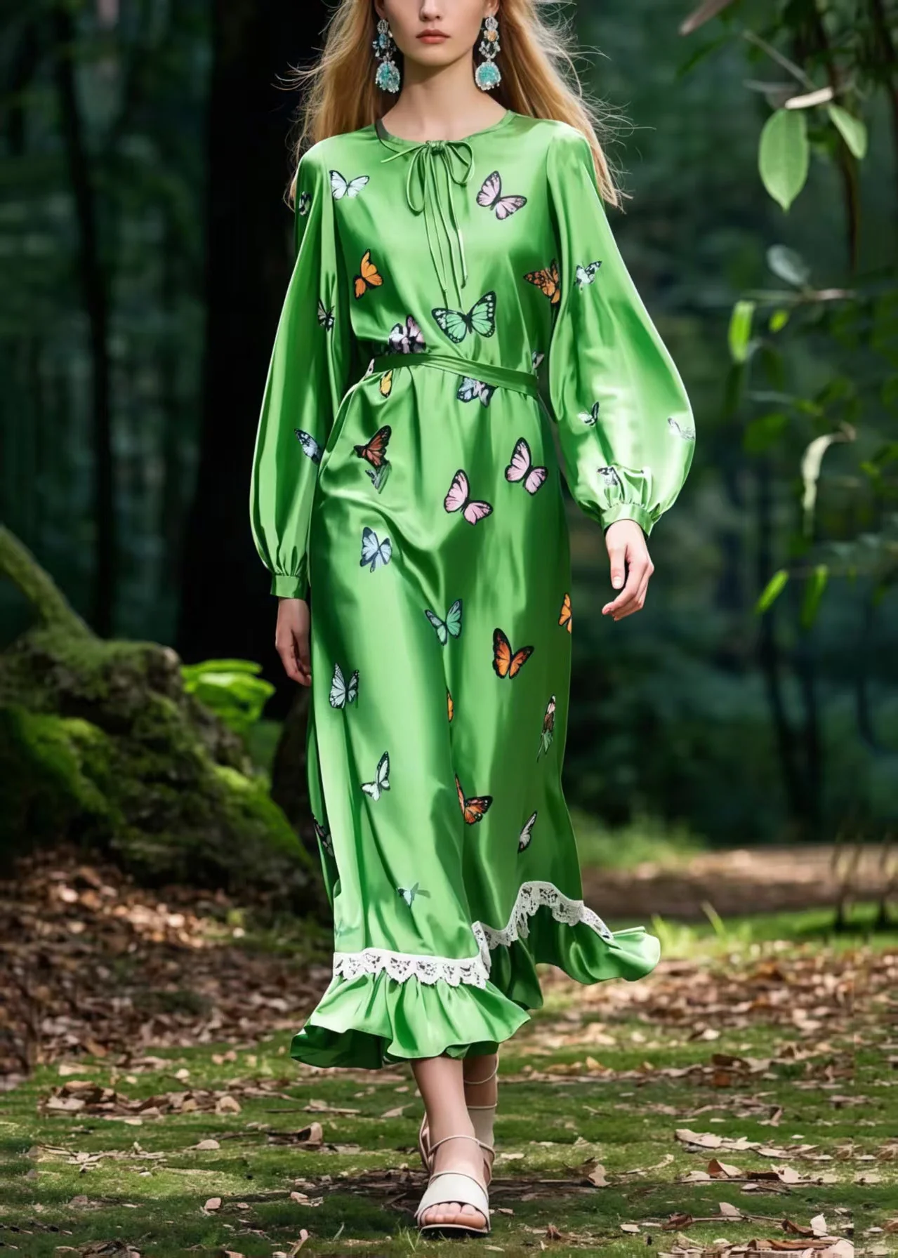 Women Tea Green Butterfly Silk Robe Dresses Spring - Image 3