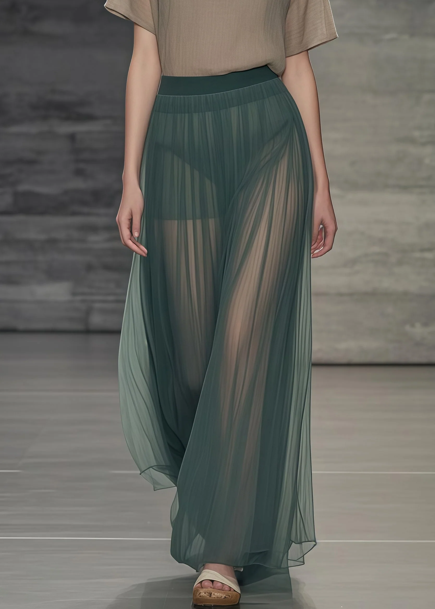 Women Tea Green Elastic Waist Tulle Pleated Skirts Summer - Image 3