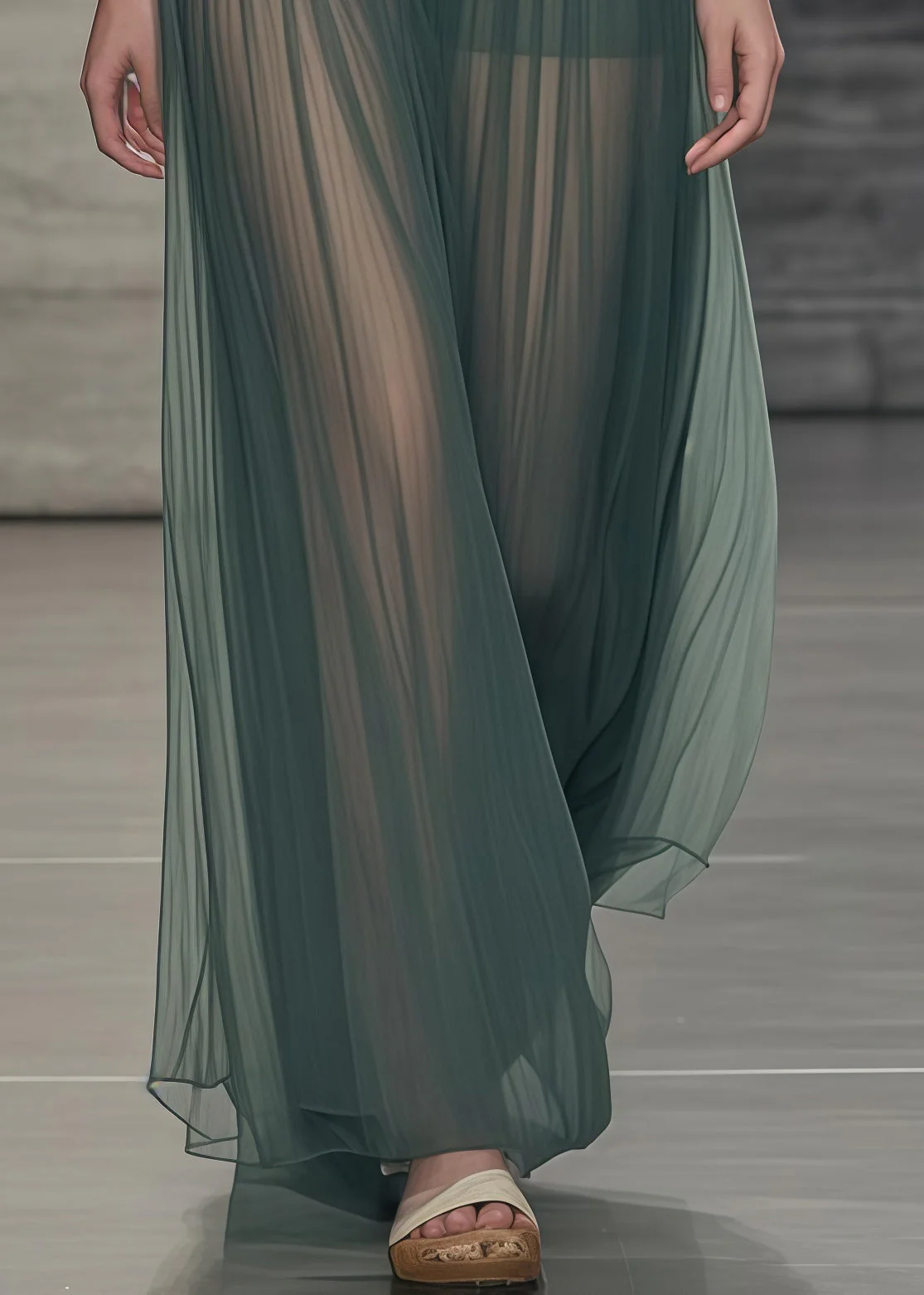 Women Tea Green Elastic Waist Tulle Pleated Skirts Summer - Image 4