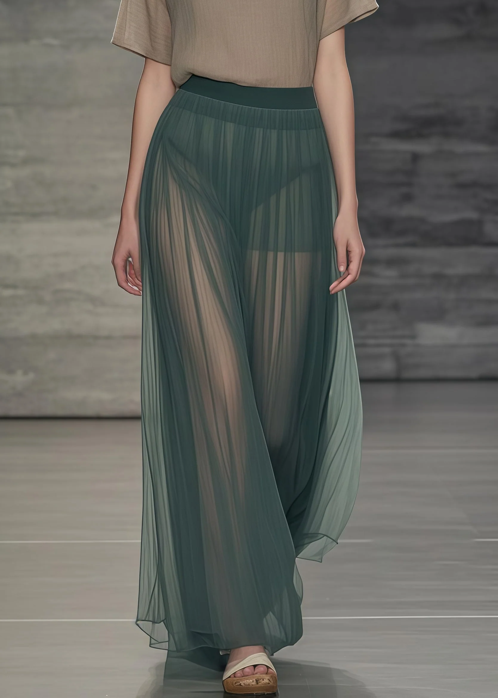 Women Tea Green Elastic Waist Tulle Pleated Skirts Summer - Image 5