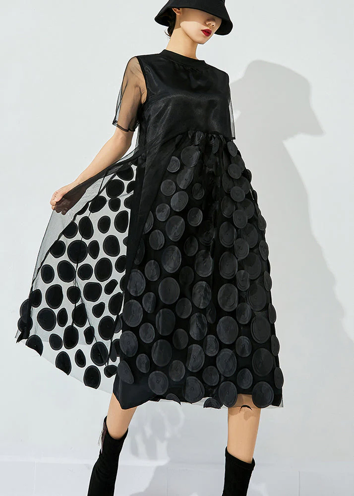 Women Tea Green O-Neck Patchwork Dot Tulle Holiday Dress Summer - Image 4