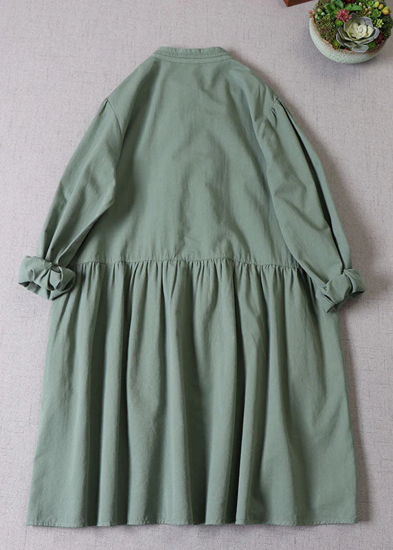 Women Tea Green Ruffled Button Cotton Dress Long Sleeve - Image 2