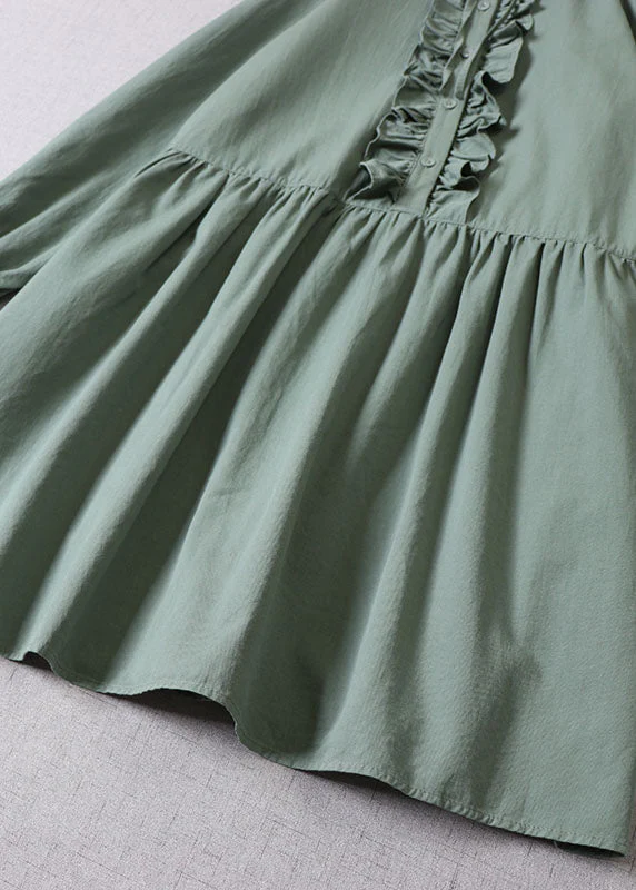 Women Tea Green Ruffled Button Cotton Dress Long Sleeve - Image 4