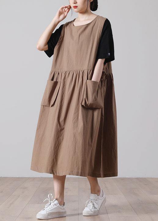 Women tie waist Khaki Cotton big hem Summer Holiday Dress