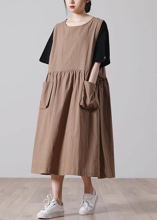Women tie waist Khaki Cotton big hem Summer Holiday Dress - Image 3