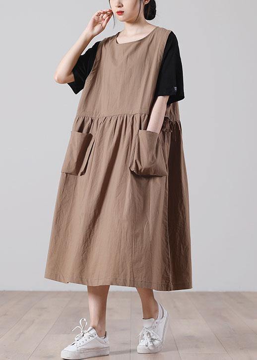 Women tie waist Khaki Cotton big hem Summer Holiday Dress - Image 4