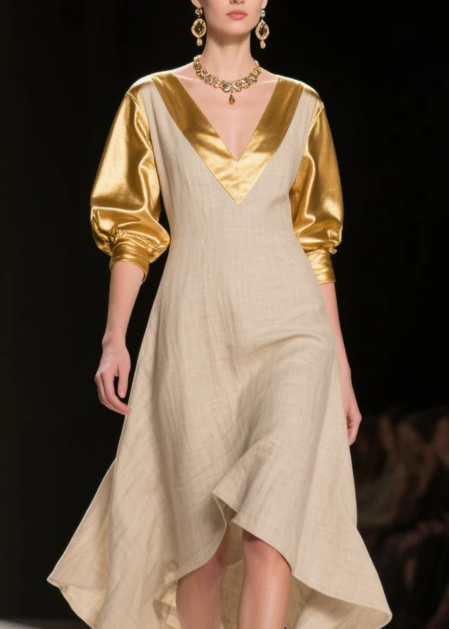 Women V Neck Asymmetrical Design Patchwork Linen Silk Dress Summer - Image 2