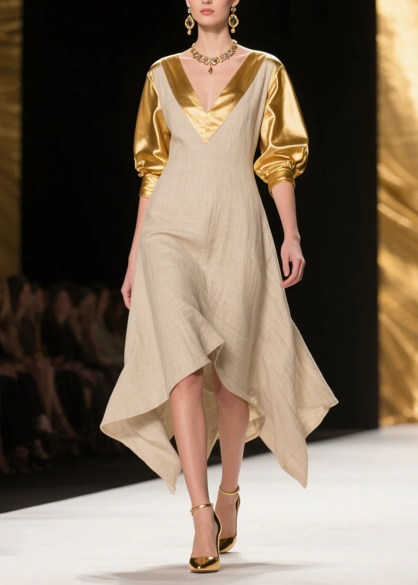 Women V Neck Asymmetrical Design Patchwork Linen Silk Dress Summer - Image 3