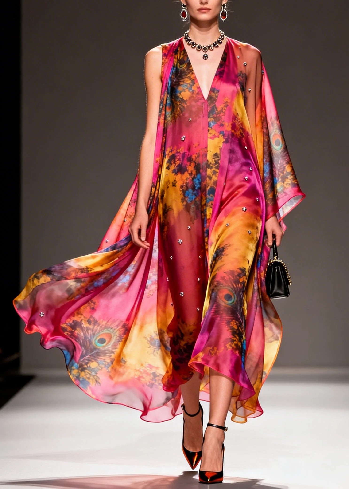 Women V Neck Asymmetrical Design Print Chiffon Dress Summer