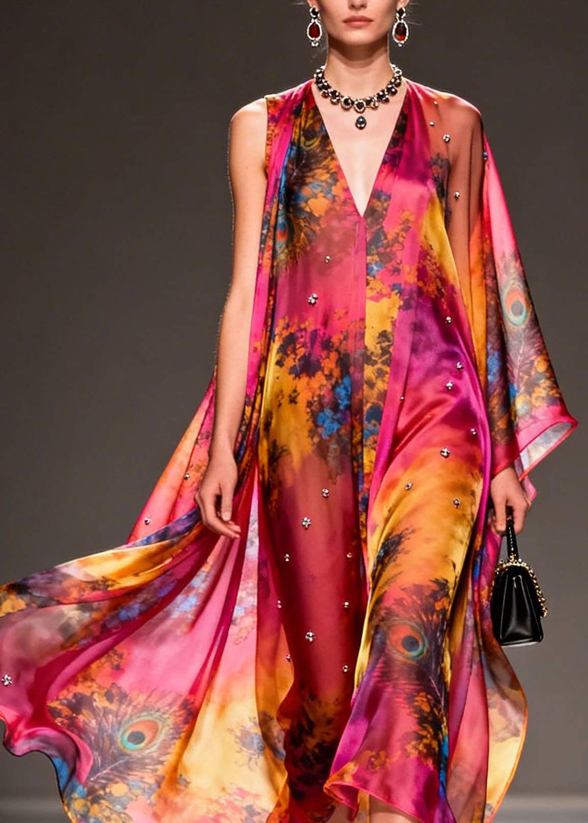 Women V Neck Asymmetrical Design Print Chiffon Dress Summer - Image 2