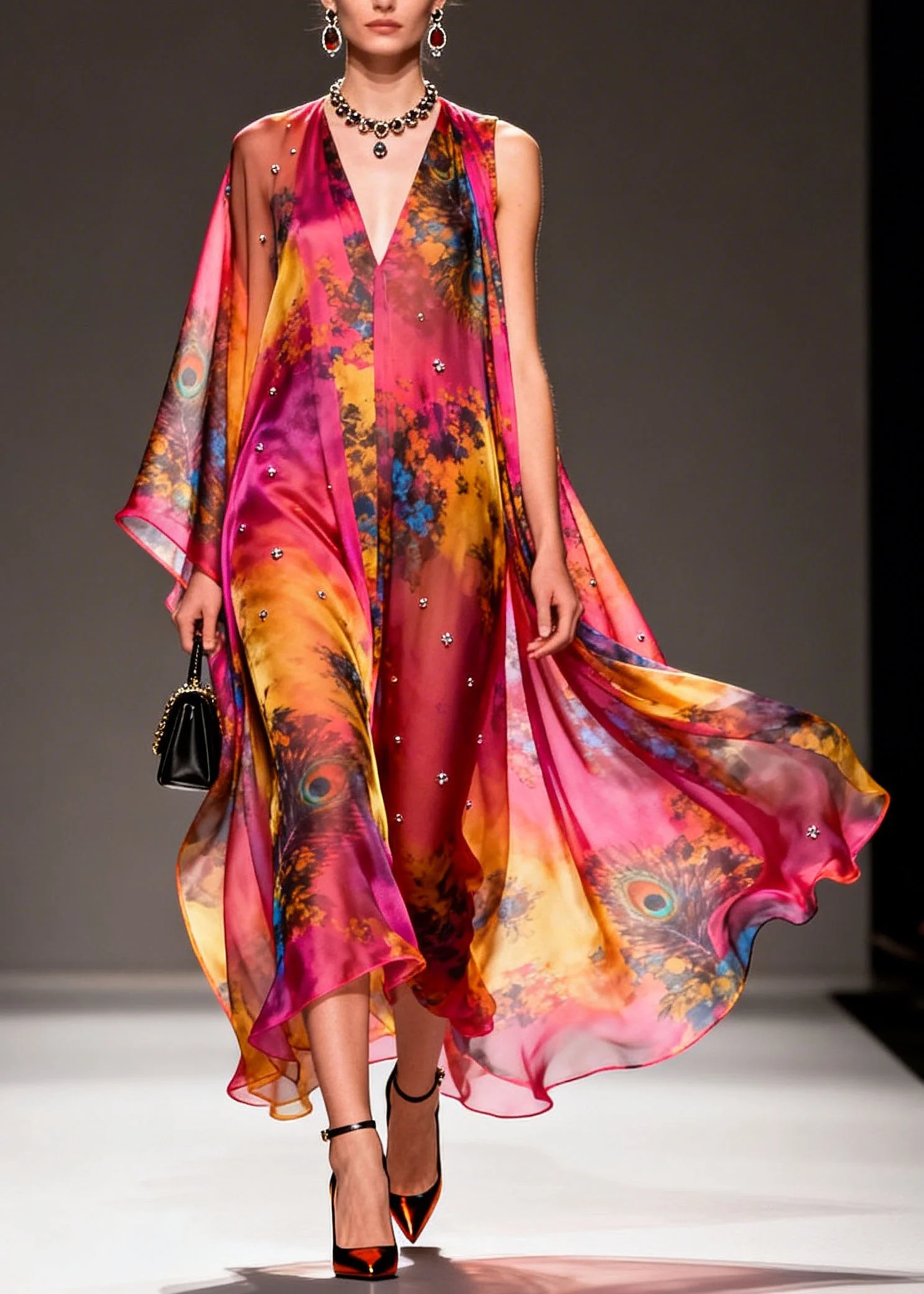 Women V Neck Asymmetrical Design Print Chiffon Dress Summer - Image 3