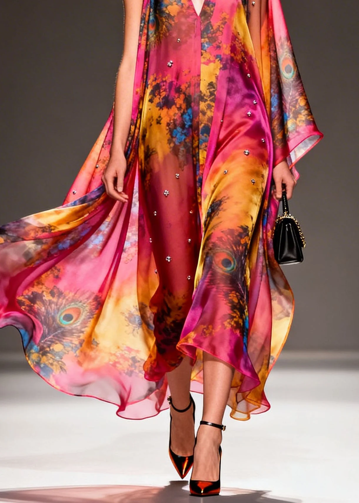 Women V Neck Asymmetrical Design Print Chiffon Dress Summer - Image 4