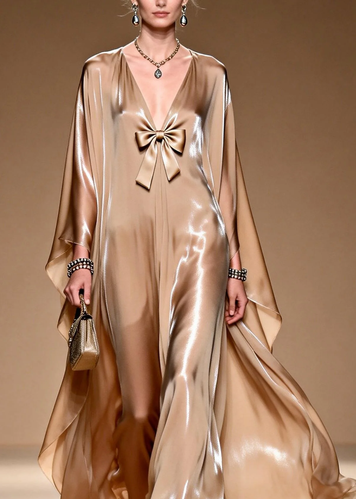 Women V Neck Bow Patchwork Silk Maxi Dresses Spring - Image 2