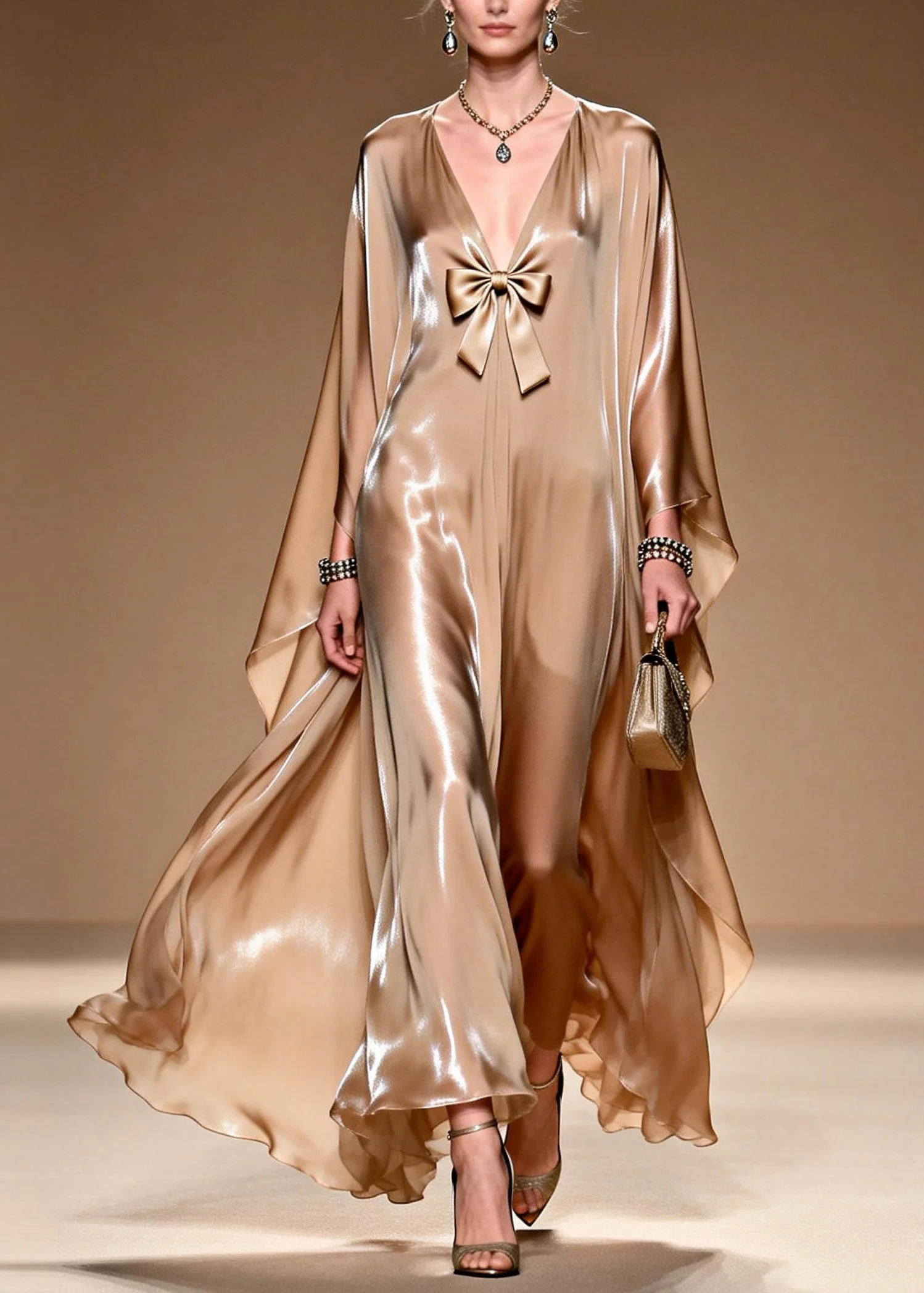 Women V Neck Bow Patchwork Silk Maxi Dresses Spring - Image 3