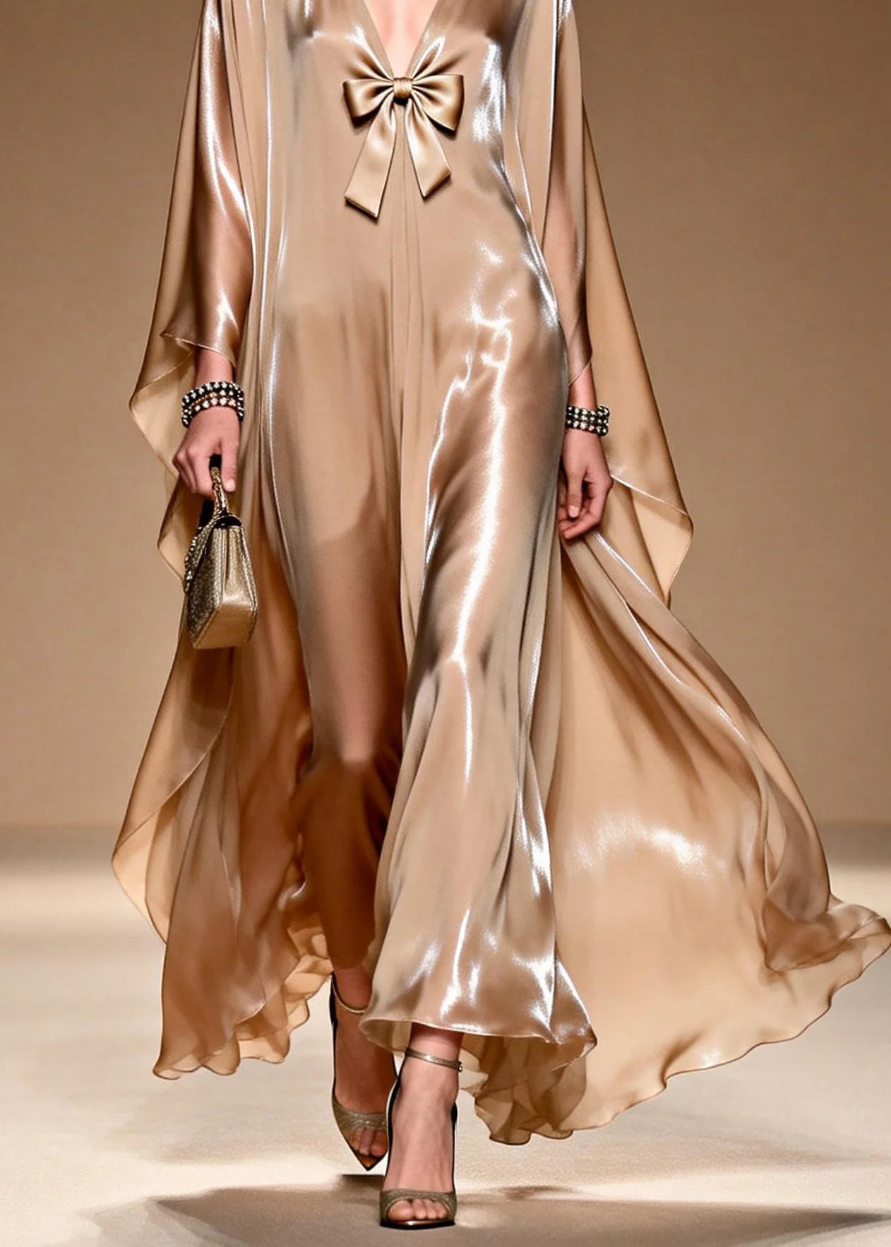 Women V Neck Bow Patchwork Silk Maxi Dresses Spring - Image 4