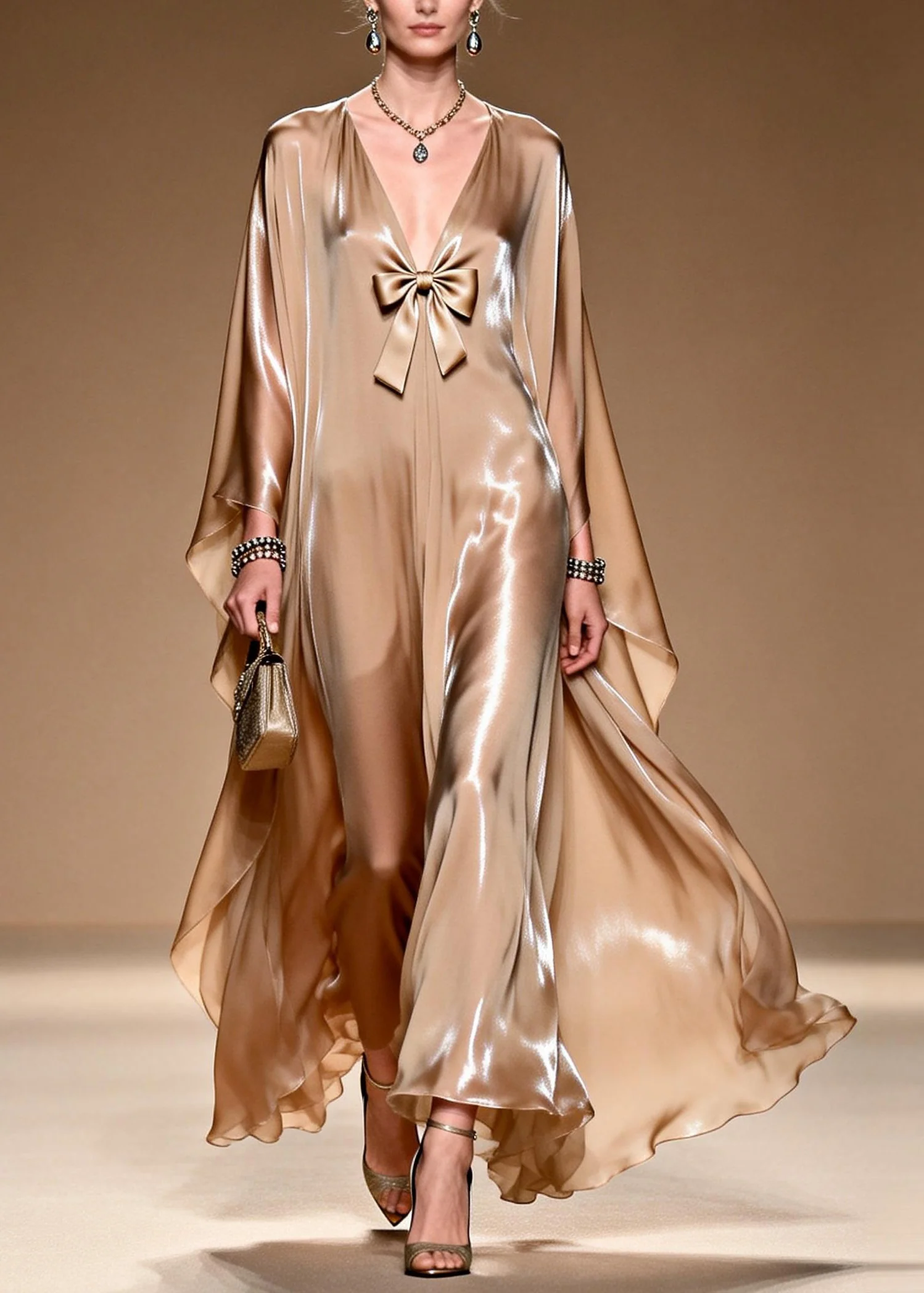 Women V Neck Bow Patchwork Silk Maxi Dresses Spring - Image 5