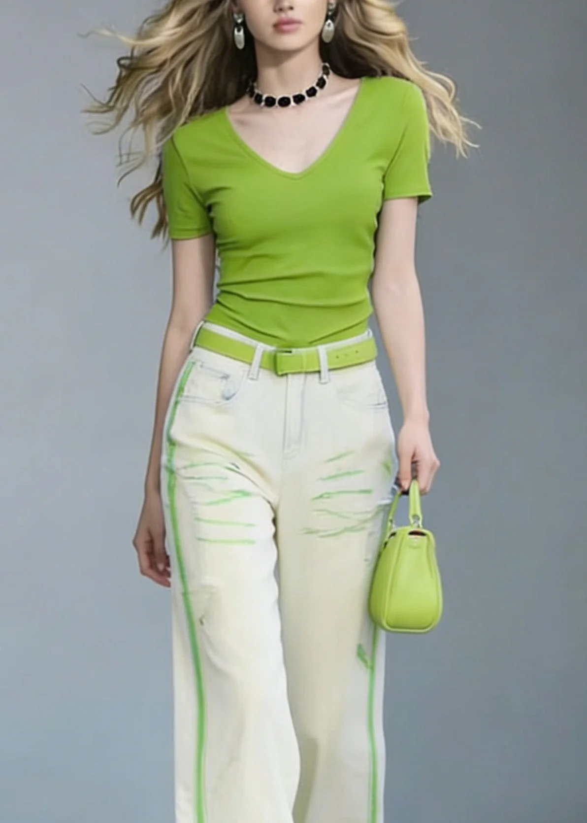 Women V Neck Cotton T Shirt And Jeans Two Pieces Set Summer - Image 2