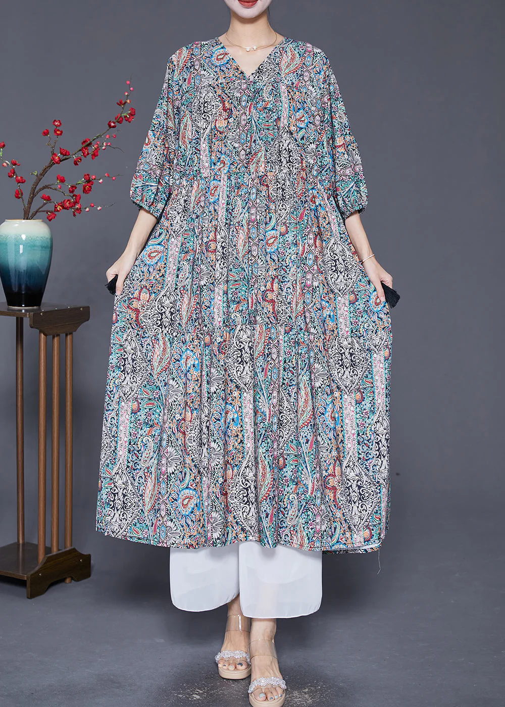 Women V Neck Drawstring Print Vacation Dress Lantern Sleeve - Image 2