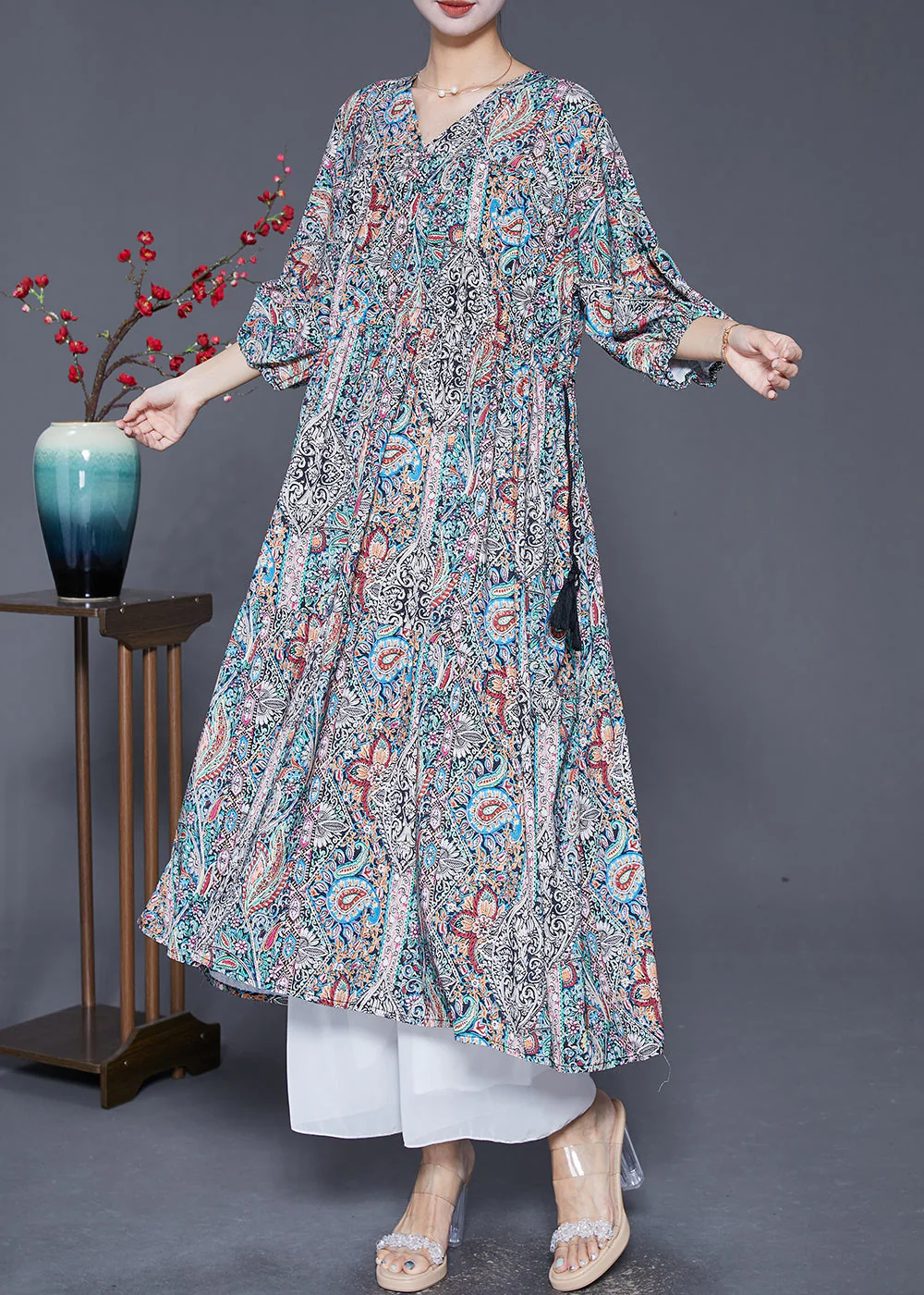 Women V Neck Drawstring Print Vacation Dress Lantern Sleeve - Image 3