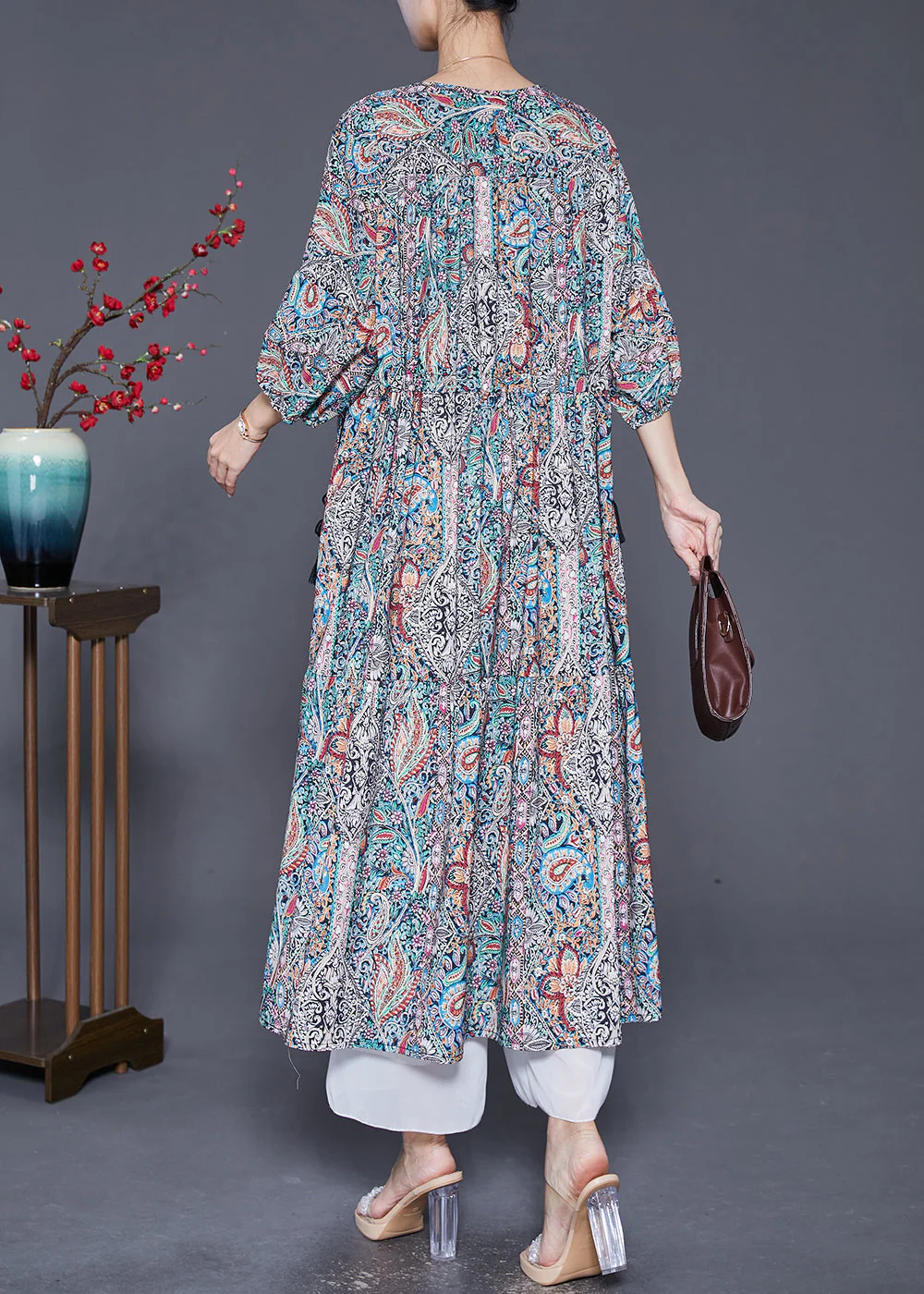 Women V Neck Drawstring Print Vacation Dress Lantern Sleeve - Image 4