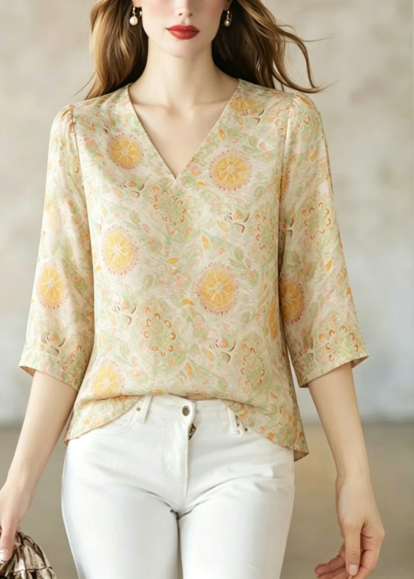 Women V Neck Jacquard Silk Shirt Top Bracelet Sleeve - Image 3