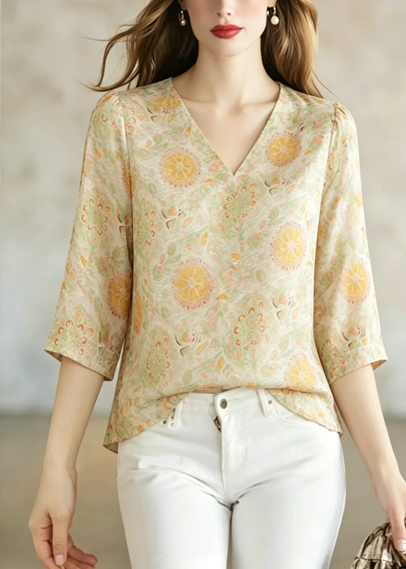 Women V Neck Jacquard Silk Shirt Top Bracelet Sleeve - Image 5