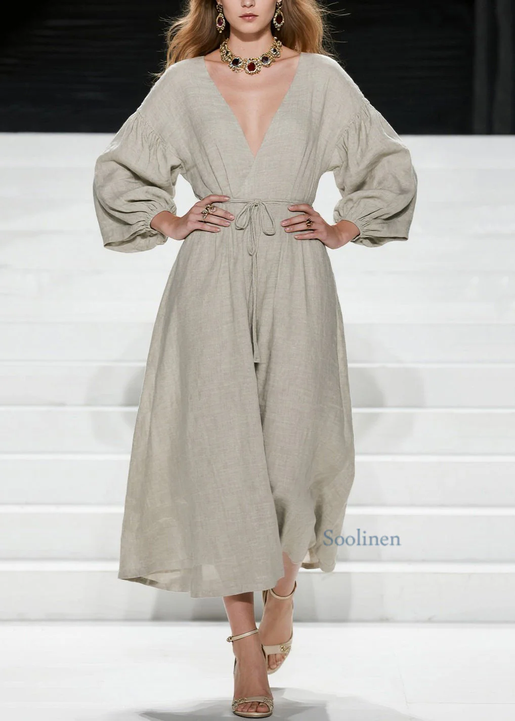Women V Neck Lace Up Patchwork Cotton Long Dress Spring - Image 3