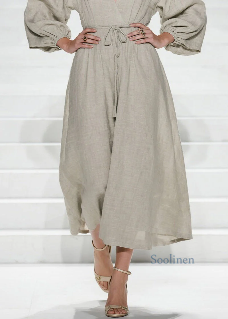 Women V Neck Lace Up Patchwork Cotton Long Dress Spring - Image 4