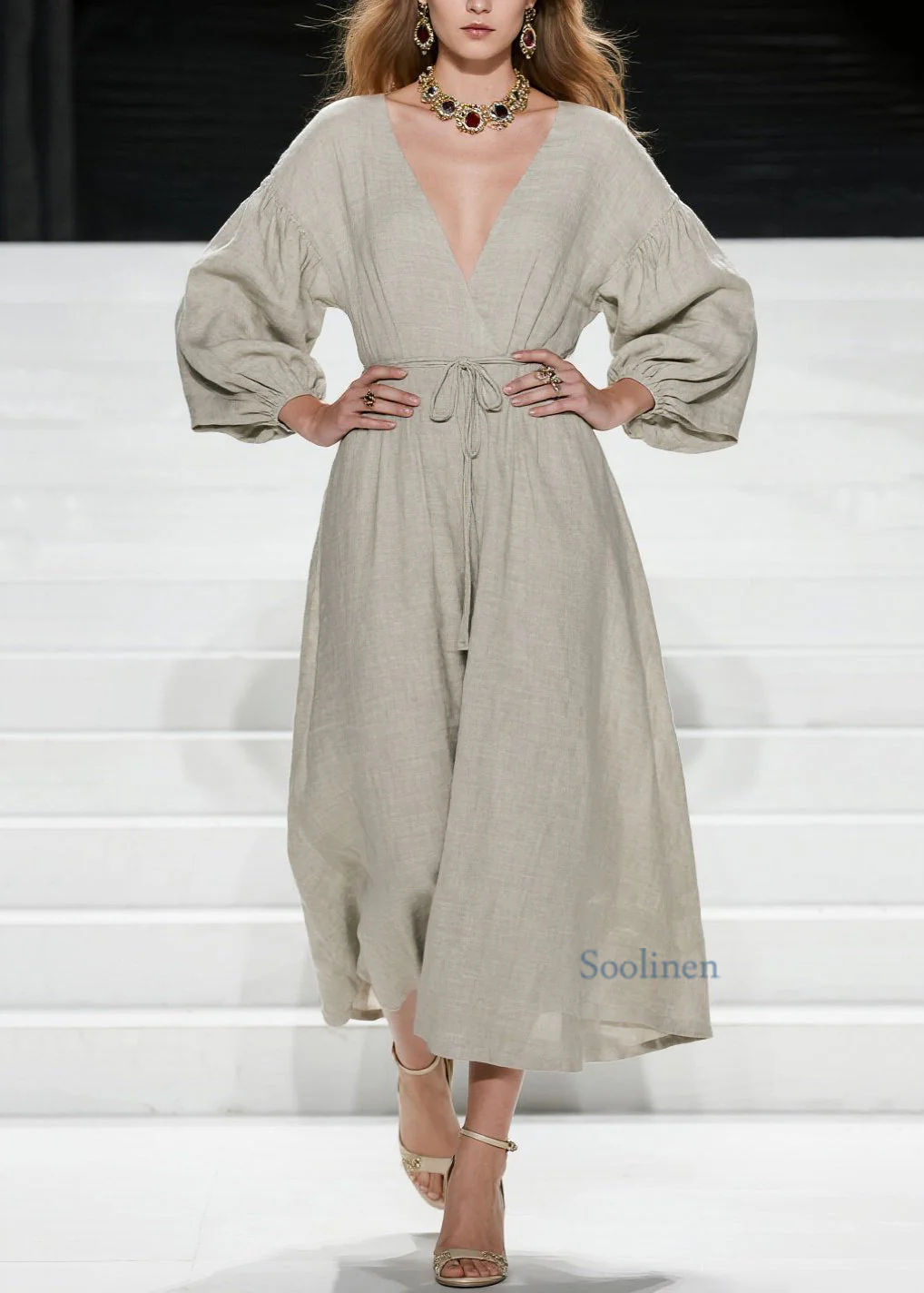 Women V Neck Lace Up Patchwork Cotton Long Dress Spring - Image 5