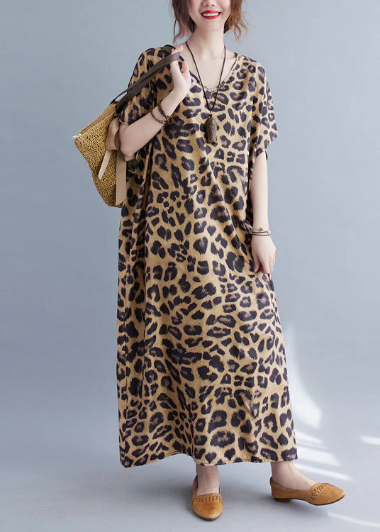 Women V Neck Leopard Print Silk Long Dresses Summer - Image 2