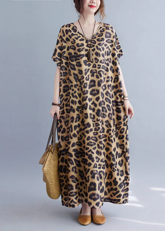 Women V Neck Leopard Print Silk Long Dresses Summer - Image 3