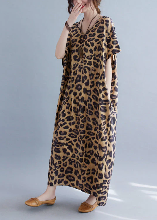 Women V Neck Leopard Print Silk Long Dresses Summer - Image 4