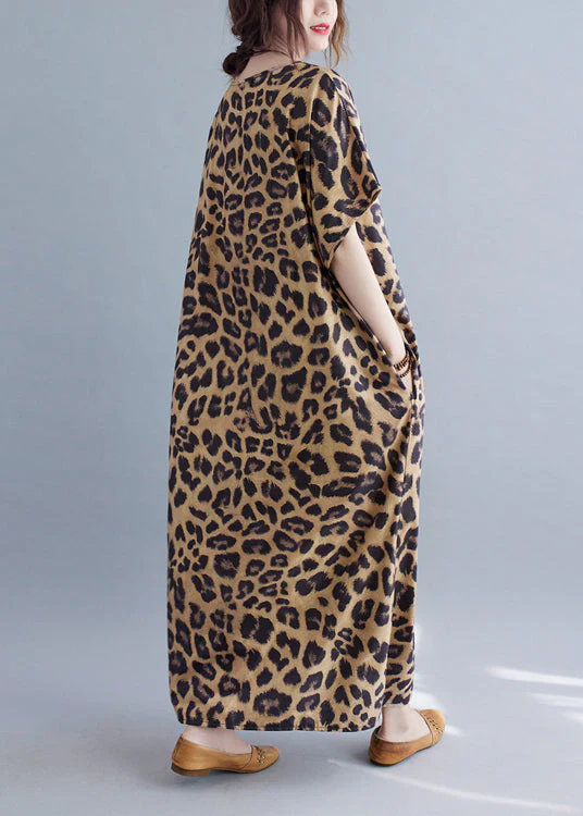 Women V Neck Leopard Print Silk Long Dresses Summer - Image 5