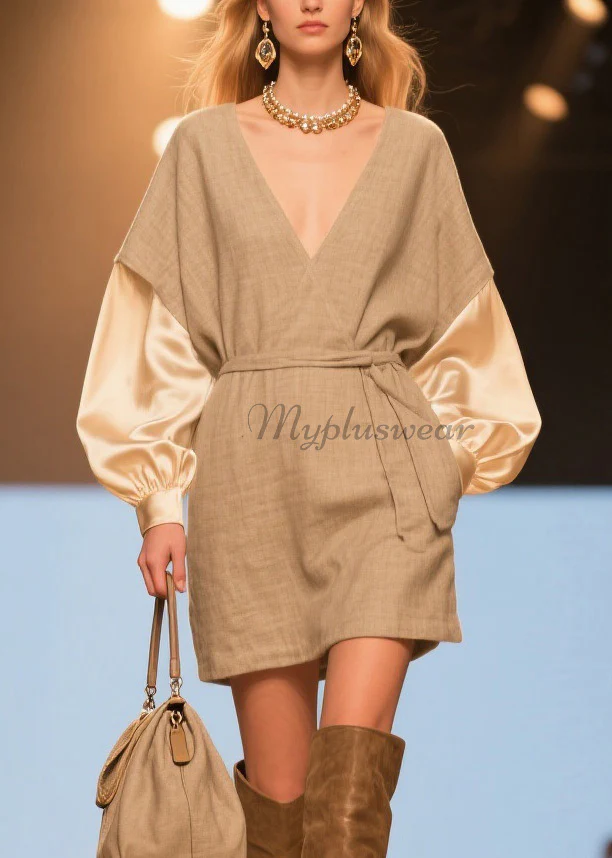 Women V Neck Patchwork Linen Silk Mid Dresses Spring - Image 2