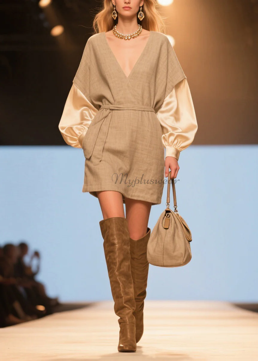 Women V Neck Patchwork Linen Silk Mid Dresses Spring - Image 3