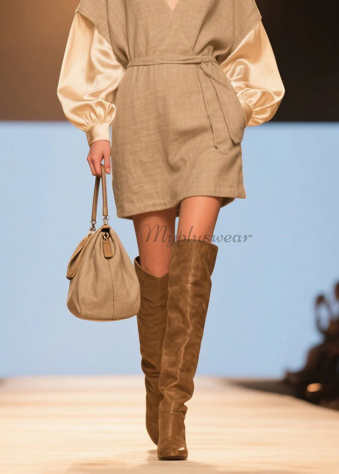 Women V Neck Patchwork Linen Silk Mid Dresses Spring - Image 4