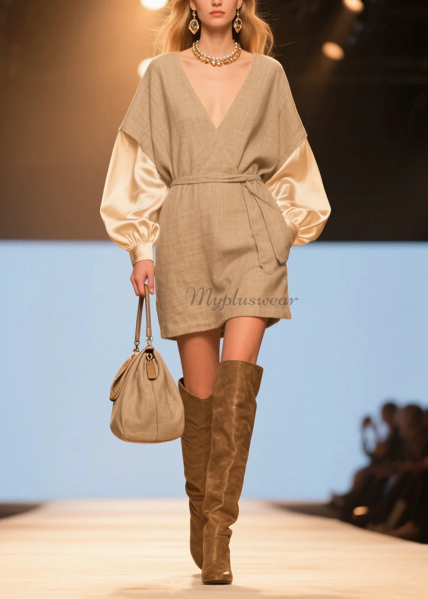 Women V Neck Patchwork Linen Silk Mid Dresses Spring - Image 5