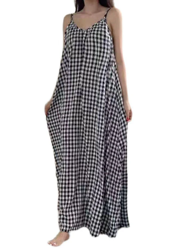 Women V Neck Plaid Cotton Spaghetti Strap Dress Sleeveless - Image 5
