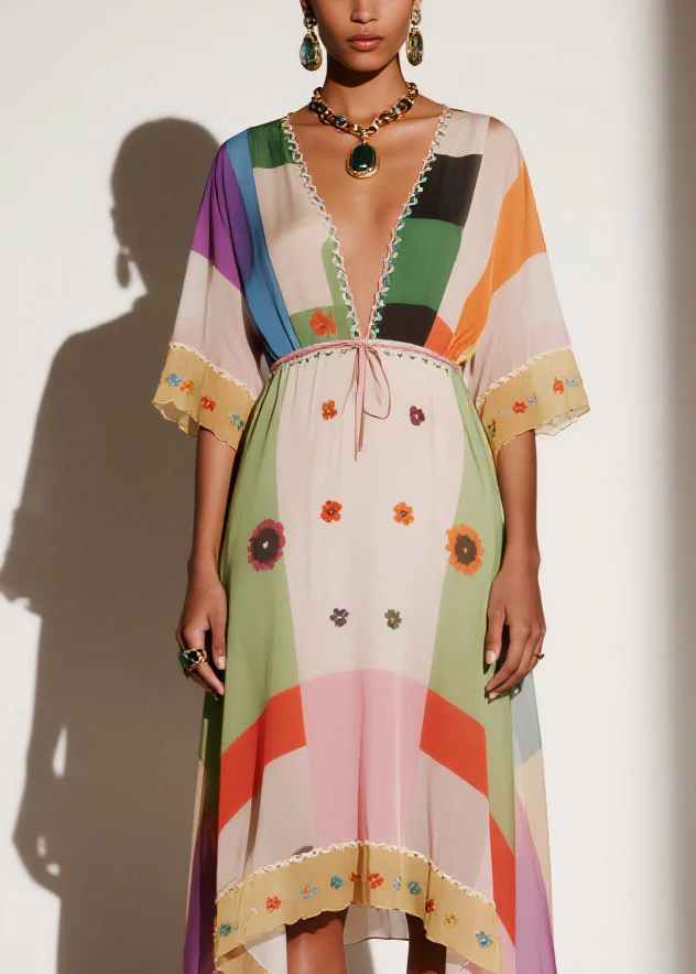 Women V Neck Print Asymmetrical Chiffon Long Dresses Summer - Image 2
