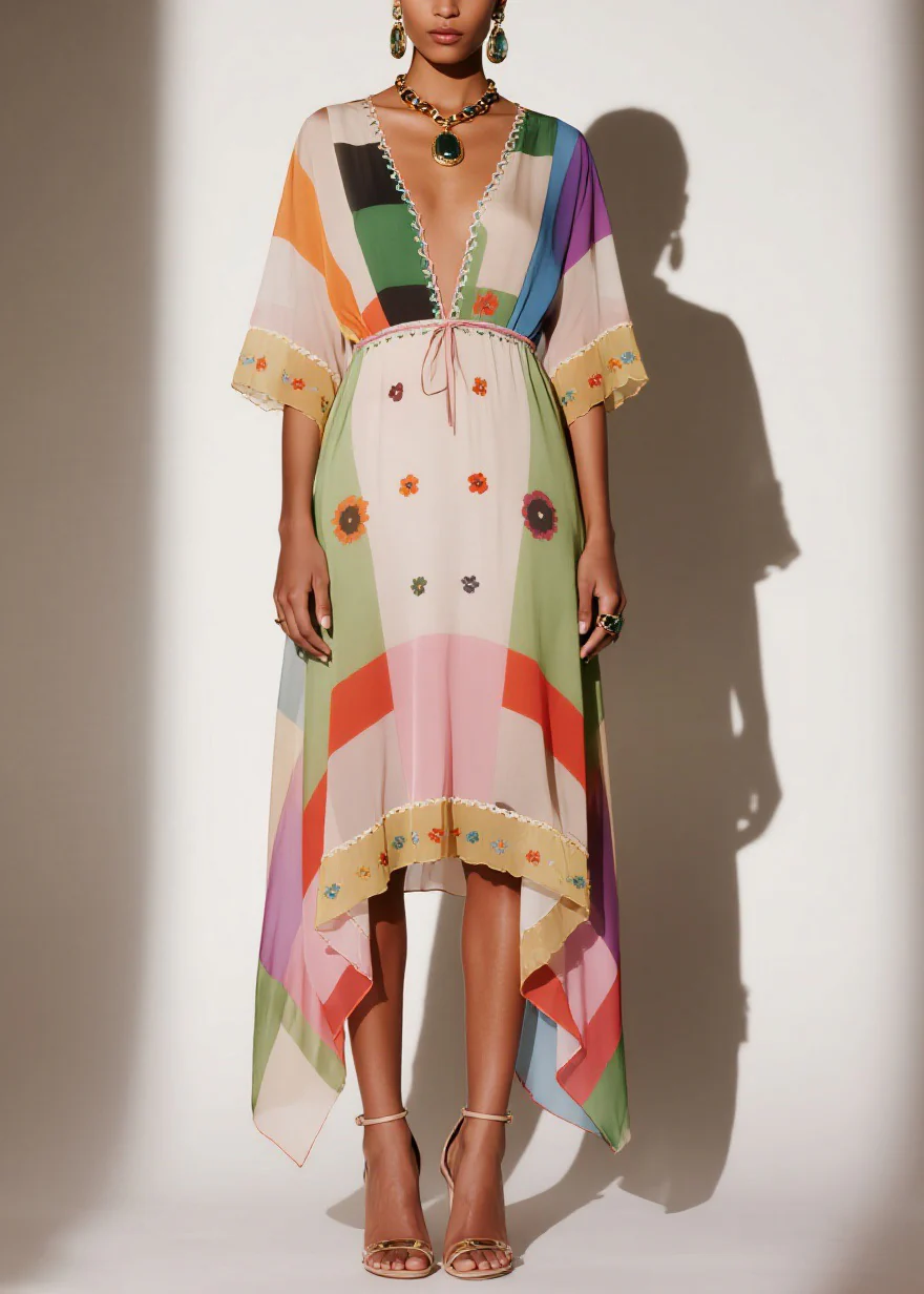 Women V Neck Print Asymmetrical Chiffon Long Dresses Summer - Image 3