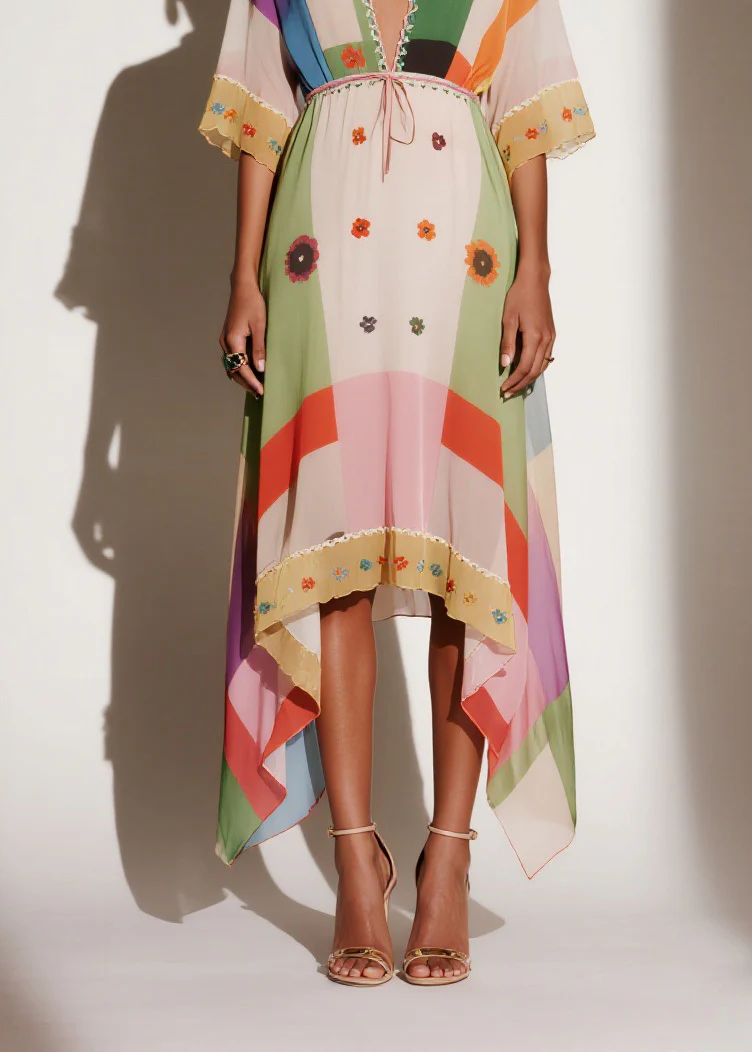 Women V Neck Print Asymmetrical Chiffon Long Dresses Summer - Image 4