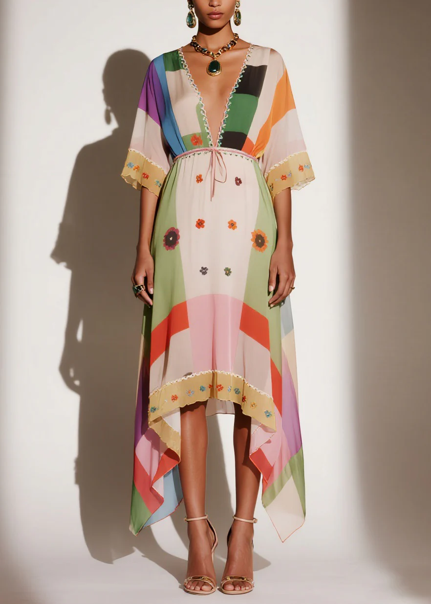 Women V Neck Print Asymmetrical Chiffon Long Dresses Summer - Image 5
