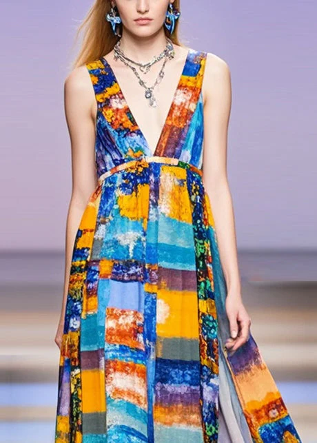 Women V Neck Print Chiffon Long Dress Sleeveless - Image 2
