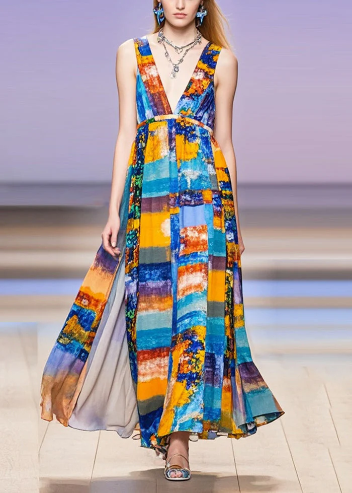 Women V Neck Print Chiffon Long Dress Sleeveless - Image 3
