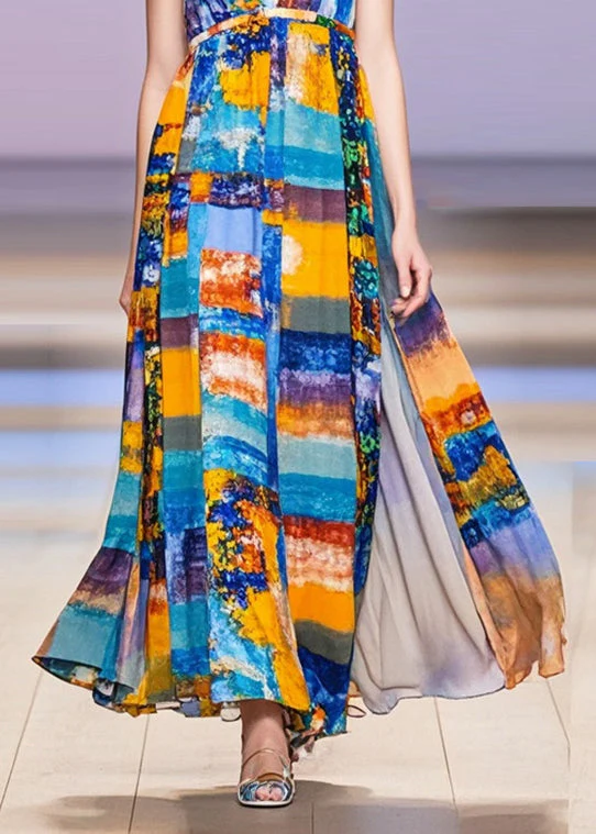 Women V Neck Print Chiffon Long Dress Sleeveless - Image 4